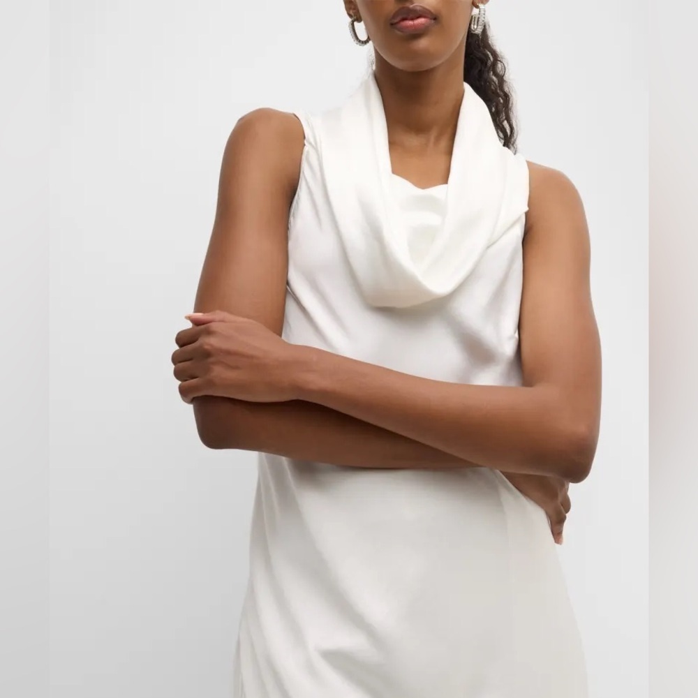 Finley Sleeveless Cowl-Neck Hammered Satin Top, size L